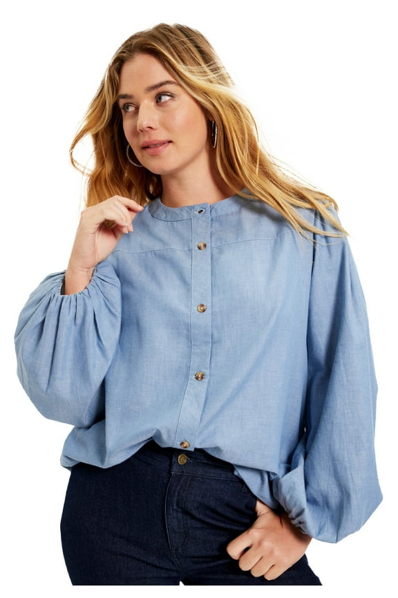 June + Vie Women's Plus Size Sleeve Chambray Jacket