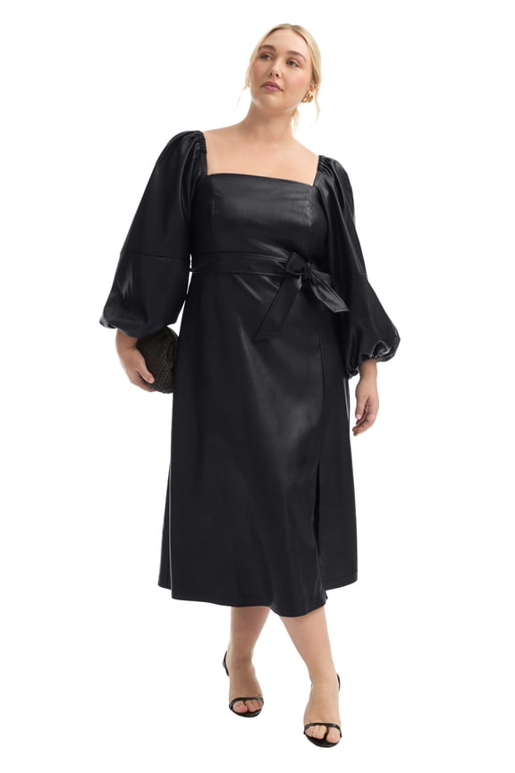 June + Vie Women's Plus Size  Sleeve Faux Leather Midi Dress
