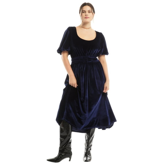 June   Vie Women's Plus Size  Sleeve Stretch-Velvet Midi Dress