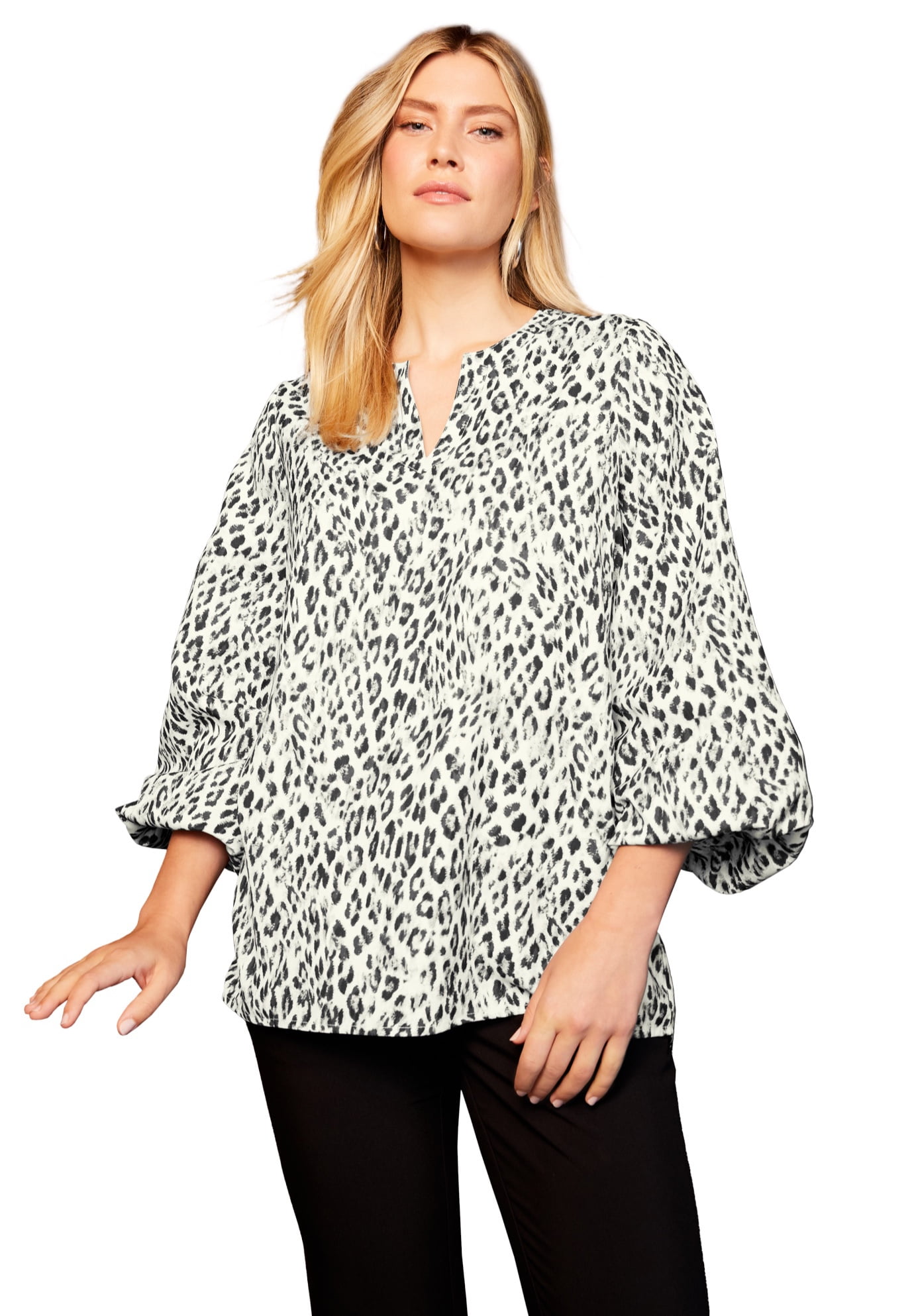 June + Vie Women's Plus Size Split-Neck Blouson-Sleeve Top - Walmart.com
