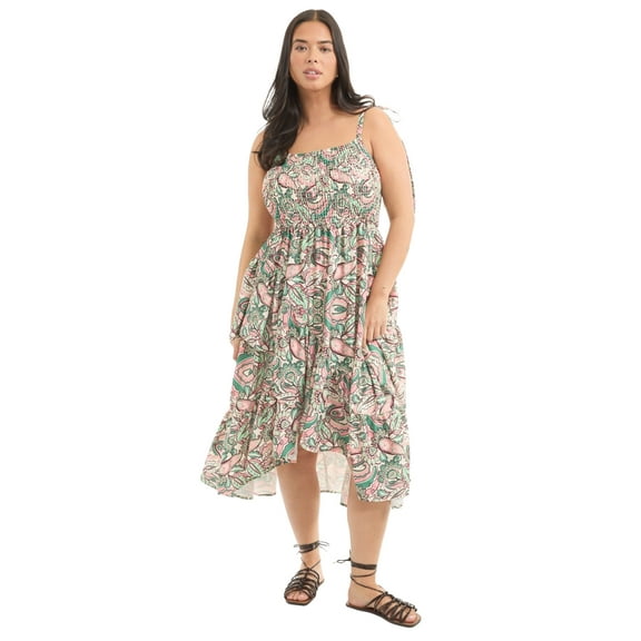June & Vie Women's Plus Size Tiered Smocked Midi Dress
