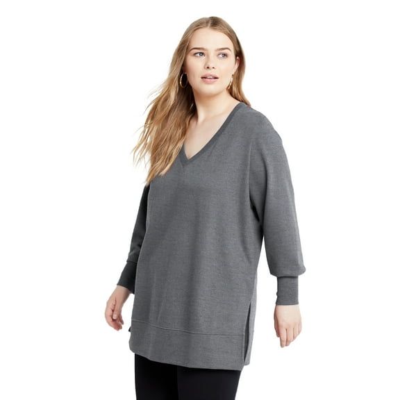June + Vie Women's Plus Size V-Neck French Terry Sweatshirt