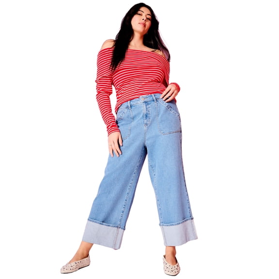 June & Vie Women's Plus Size Wide-Leg Cropped Cuffed Jeans