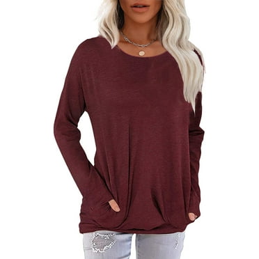 JuneFish Women Long Sleeve Shirts Casual Tops Dressy Blouses Loose Tunic with Pockets