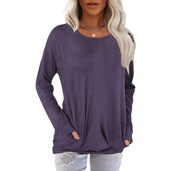 JuneFish Women Long Sleeve Shirts Casual Tops Dressy Blouses Loose Tunic with Pockets