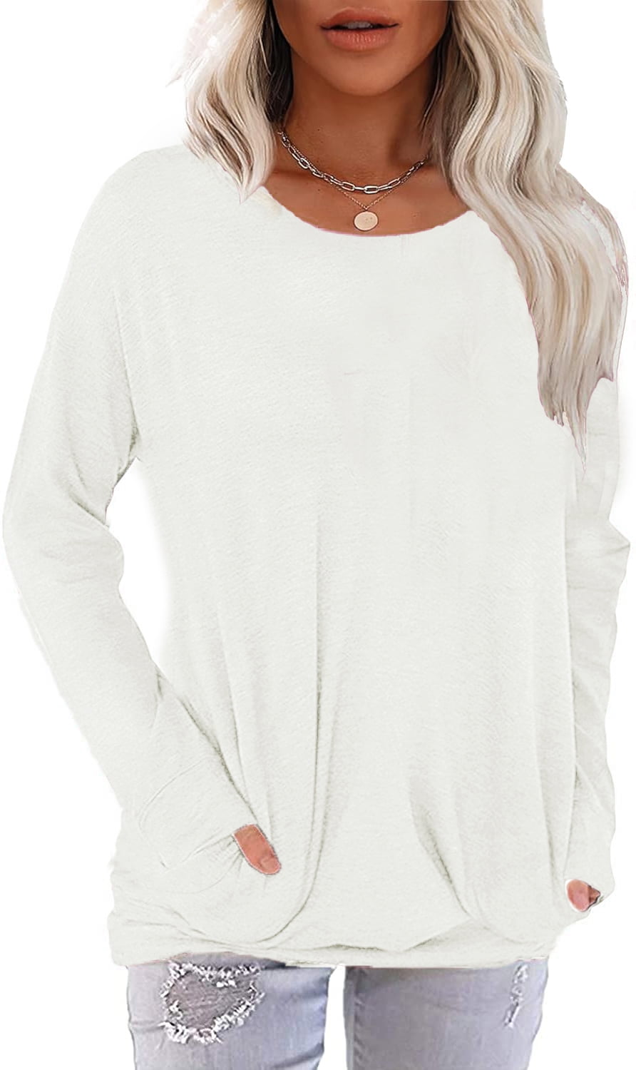 JUNEFISH Women Long Sleeve Shirts Casual Tops Dressy Blouses Loose Tunic with Pockets