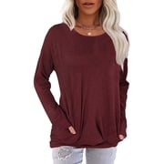 JuneFish Women Long Sleeve Shirts Casual Tops Dressy Blouses Loose Tunic with Pockets