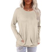 JuneFish Women Long Sleeve Shirts Casual Tops Dressy Blouses Loose Tunic with Pockets