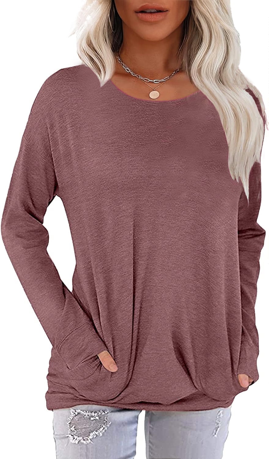 JUNEFISH Women Long Sleeve Shirts Casual Tops Dressy Blouses Loose Tunic with Pockets