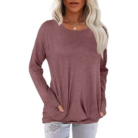 JuneFish Women Long Sleeve Shirts Casual Tops Dressy Blouses Loose Tunic with Pockets