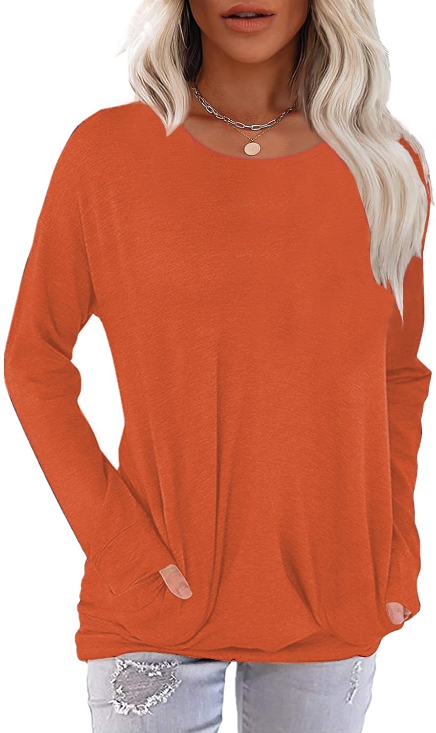 JUNEFISH Women Long Sleeve Shirts Casual Tops Dressy Blouses Loose Tunic with Pockets