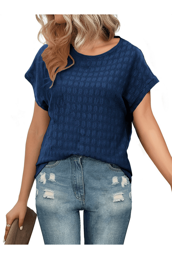 Women Trendy Summer Casual Short Sleeve Basic Textured Solid Color Round Neck T Shirts Blouse