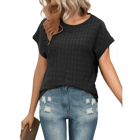 JuneFish Women Trendy Summer Casual Short Sleeve Basic Textured Solid Color Round Neck T Shirts Blouse