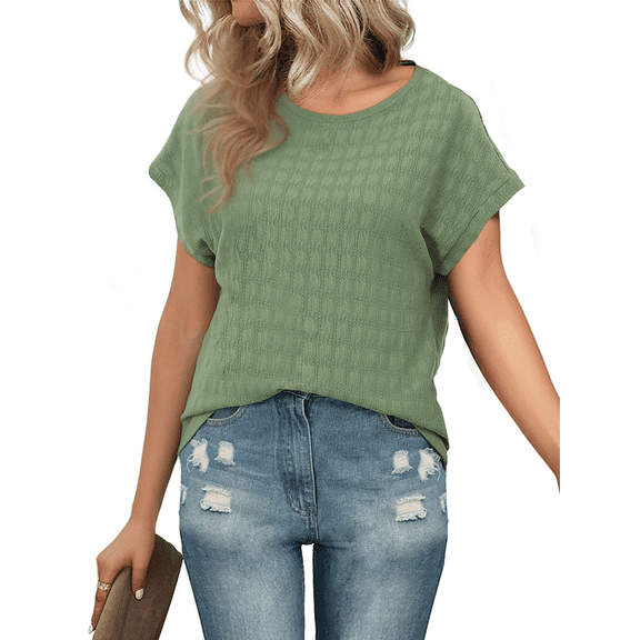 JuneFish Women Trendy Summer Casual Short Sleeve Basic Textured Solid Color Round Neck T Shirts Blouse