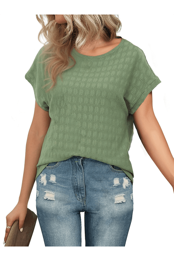 Women Trendy Summer Casual Short Sleeve Basic Textured Solid Color Round Neck T Shirts Blouse