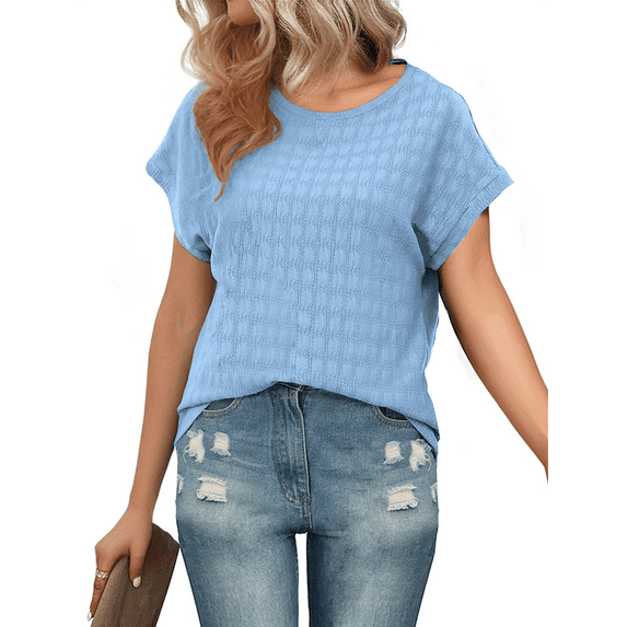 JuneFish Women Trendy Summer Casual Short Sleeve Basic Textured Solid Color Round Neck T Shirts Blouse