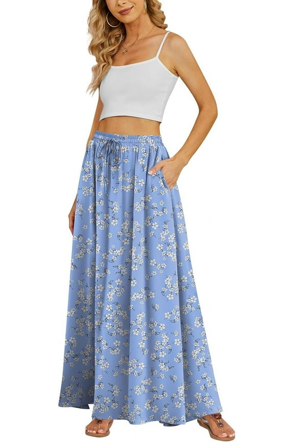 Women's Flowy Maxi Skirt Summer Beach Pleated High Waisted Casual Long Skirts with Pockets