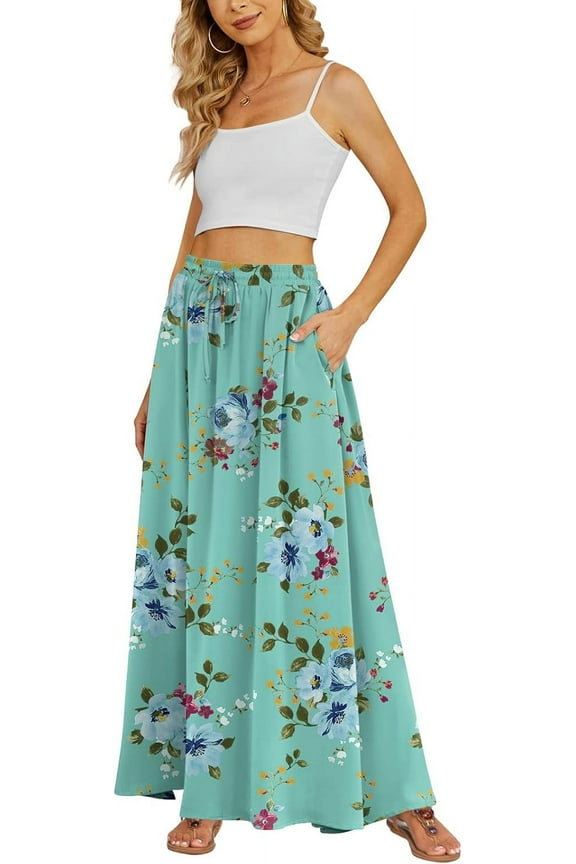 Women's Flowy Maxi Skirt Summer Beach Pleated High Waisted Casual Long Skirts with Pockets