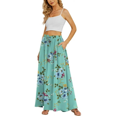 Women's Flowy Maxi Skirt Summer Beach Pleated High Waisted Casual Long Skirts with Pockets