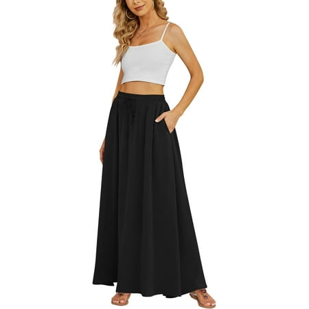 JuneFish Women's Flowy Maxi Skirt Summer Beach Pleated High Waisted Casual Long Skirts with Pockets