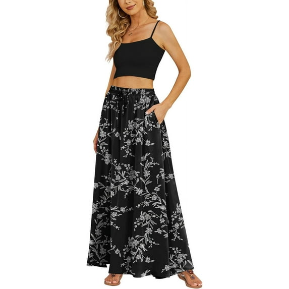 JuneFish Women's Flowy Maxi Skirt Summer Beach Pleated High Waisted Casual Long Skirts with Pockets