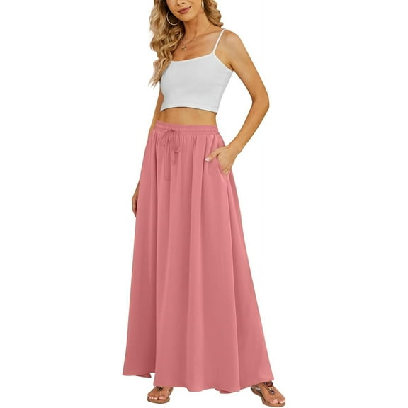 JuneFish Women's Flowy Maxi Skirt Summer Beach Pleated High Waisted Casual Long Skirts with Pockets