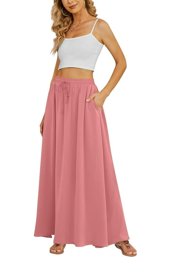 Women's Flowy Maxi Skirt Summer Beach Pleated High Waisted Casual Long Skirts with Pockets