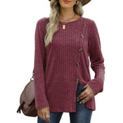 JuneFish Women's Long Sleeve Tunic Tops Casual Tshirts Loose Crewneck Buttons Side Pullover Sweaters Fall Comfy Split