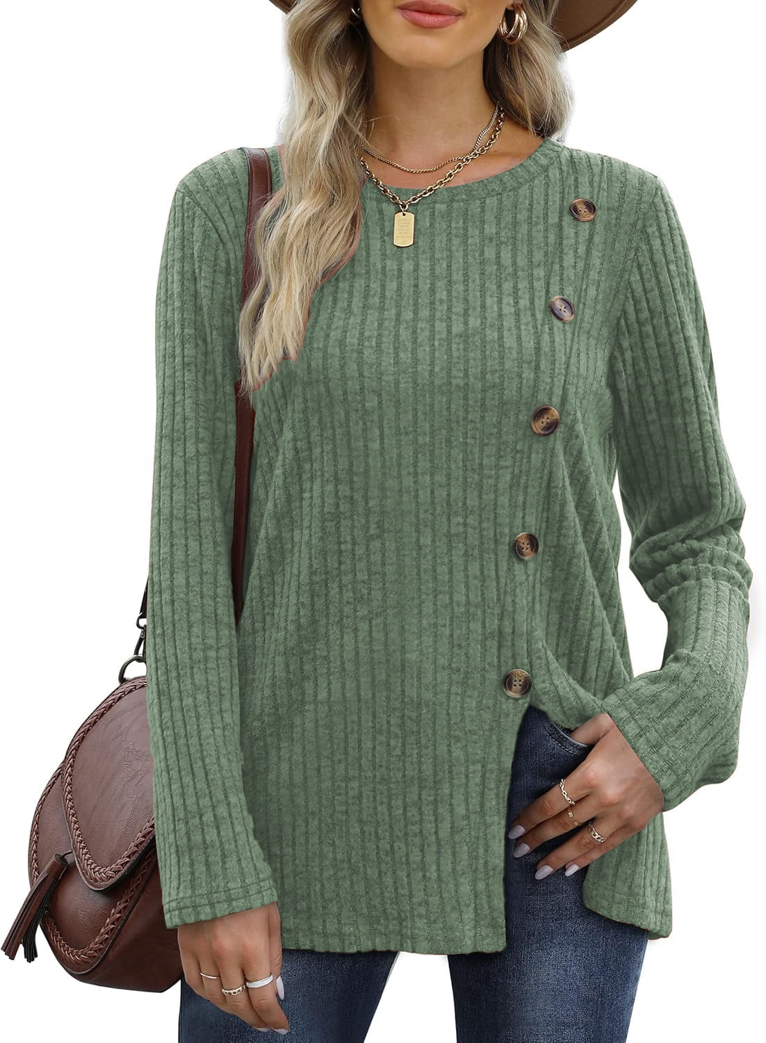 JuneFish Women's Long Sleeve Tunic Tops Casual Tshirts Loose Crewneck Buttons Side Pullover Sweaters Fall Comfy Split