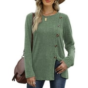 JuneFish Women's Long Sleeve Tunic Tops Casual Tshirts Loose Crewneck Buttons Side Pullover Sweaters Fall Comfy Split