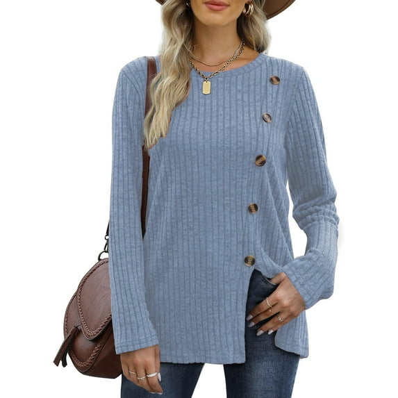 JuneFish Women's Long Sleeve Tunic Tops Casual Tshirts Loose Crewneck Buttons Side Pullover Sweaters Fall Comfy Split