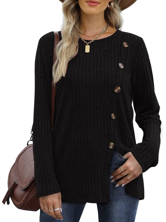 Women's Long Sleeve Tunic Tops Casual Tshirts Loose Crewneck Buttons Side Pullover Sweaters Fall Comfy Split
