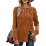 JUNEFISH Women's Long Sleeve Tunic Tops Casual Tshirts Loose Crewneck Buttons Side Pullover Sweaters Fall Comfy Split