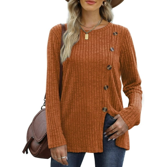 JuneFish Women's Long Sleeve Tunic Tops Casual Tshirts Loose Crewneck Buttons Side Pullover Sweaters Fall Comfy Split