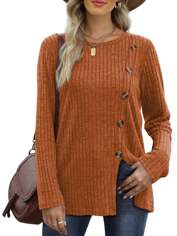 Women's Long Sleeve Tunic Tops Casual Tshirts Loose Crewneck Buttons Side Pullover Sweaters Fall Comfy Split