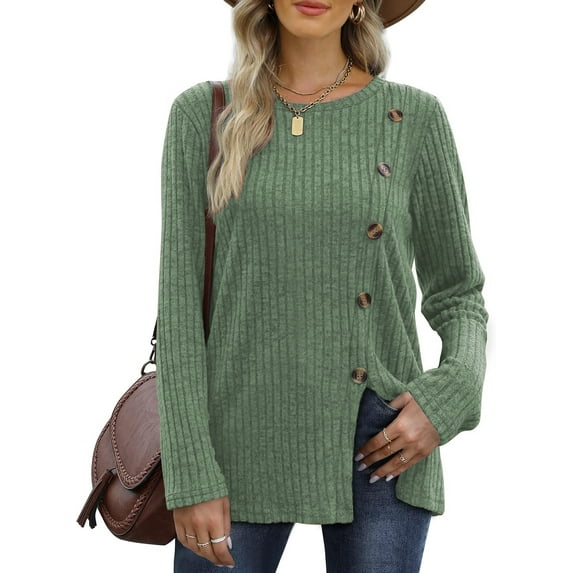 JuneFish Women's Long Sleeve Tunic Tops Casual Tshirts Loose Crewneck Buttons Side Pullover Sweaters Fall Comfy Split
