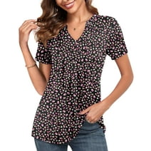 JuneFish Women's Pleated Tunic Henley Shirt V Neck Casual Loose Short Sleeve Flower Blouse Shirt Tops