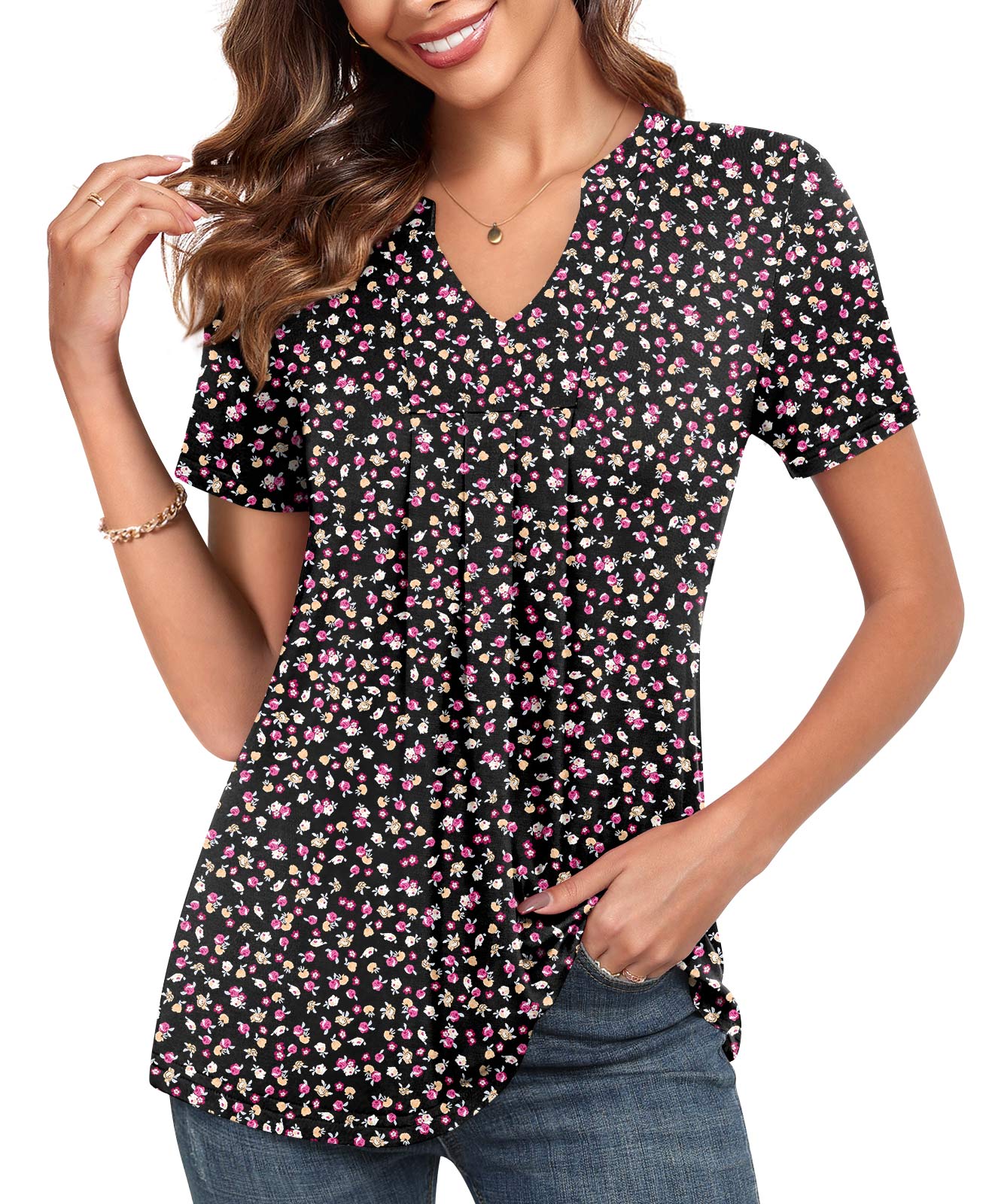 Chama V Neck Henley Shirts for Women Short Sleeve Pleated Tunic Tops ...