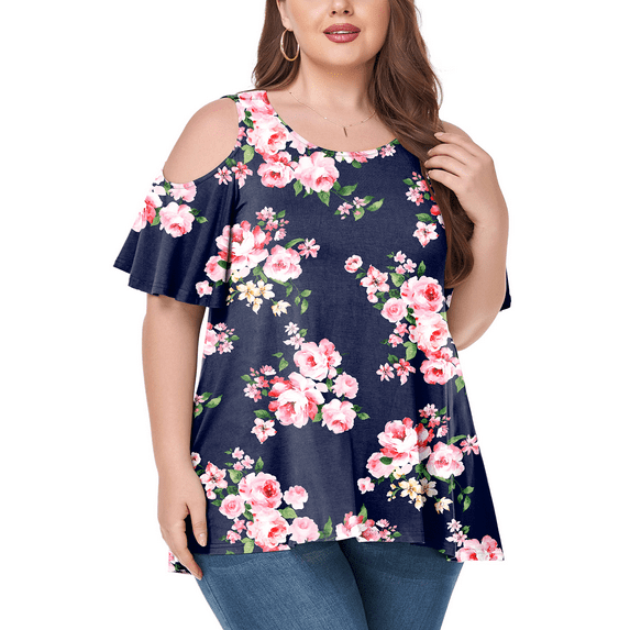 JuneFish Women's Plus Size Cold Shoulder Tunic Top Summer Short Sleeve Blouse