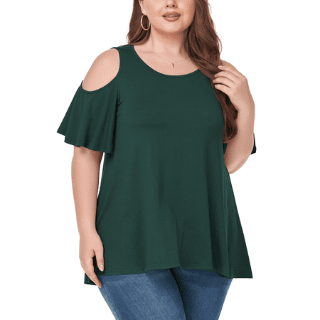 JuneFish Women's Plus Size Cold Shoulder Tunic Top Summer Short Sleeve Blouse