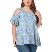 JUNEFISH Women's Plus Size Cold Shoulder Tunic Top Summer Short Sleeve Blouse