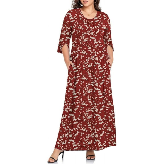 JuneFish Women's Plus Size Dresses 1X to 5X Crewneck Ruffle 3/4 Sleeve Casual Maxi Dress