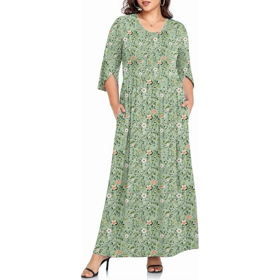 JuneFish Women's Plus Size Dresses 1X to 5X Crewneck Ruffle 3/4 Sleeve Casual Maxi Dress