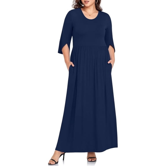 WUJINXIA Women's Plus Size Dresses 1X to 5X Crewneck Ruffle 3/4 Sleeve Casual Maxi Dress