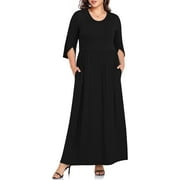 JuneFish Women's Plus Size Dresses 1X to 5X Crewneck Ruffle 3/4 Sleeve Casual Maxi Dress