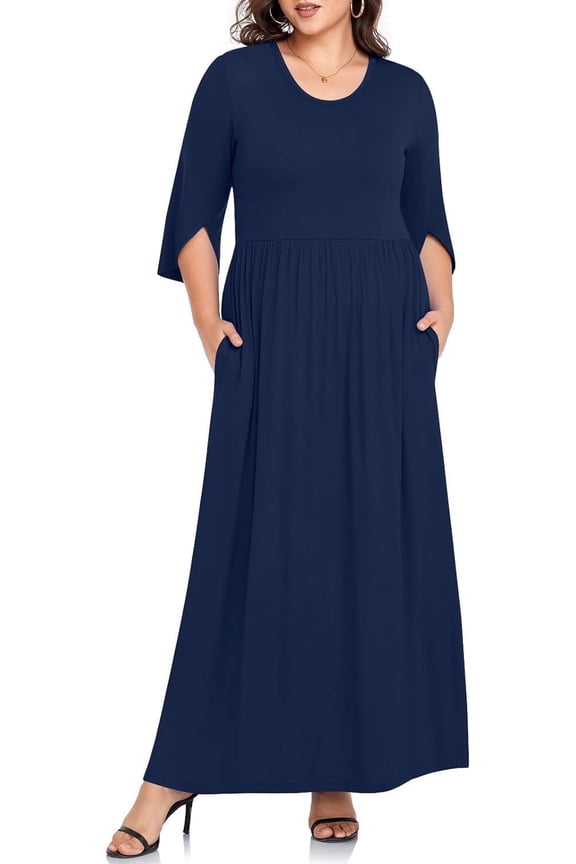 Women's Plus Size Dresses 1X to 5X Crewneck Ruffle 3/4 Sleeve Casual Maxi Dress