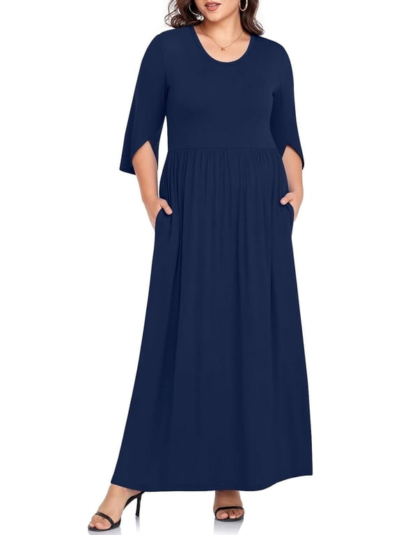 Women's Plus Size Dresses 1X to 5X Crewneck Ruffle 3/4 Sleeve Casual Maxi Dress