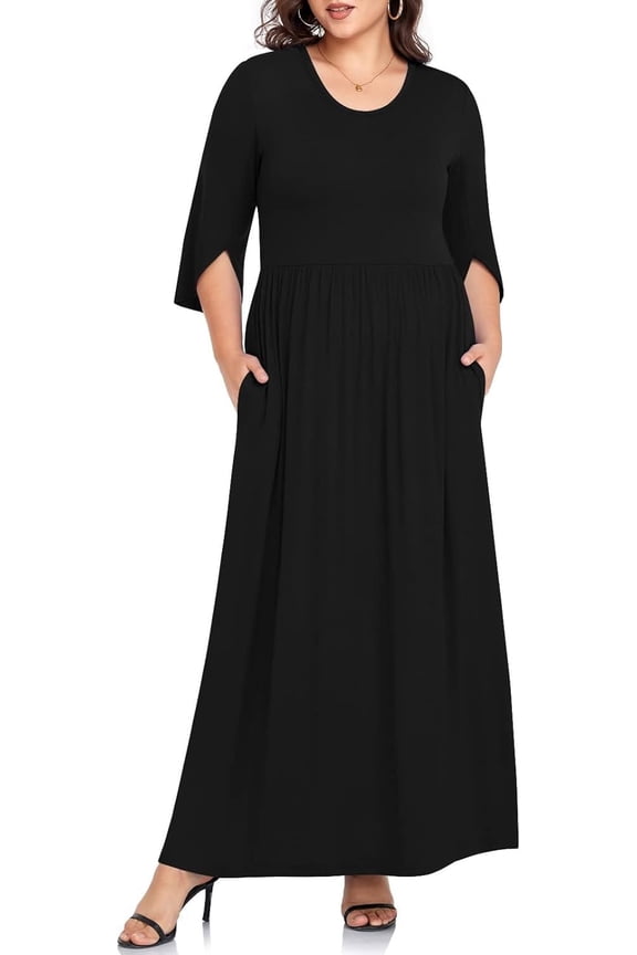 Women's Plus Size Dresses 1X to 5X Crewneck Ruffle 3/4 Sleeve Casual Maxi Dress