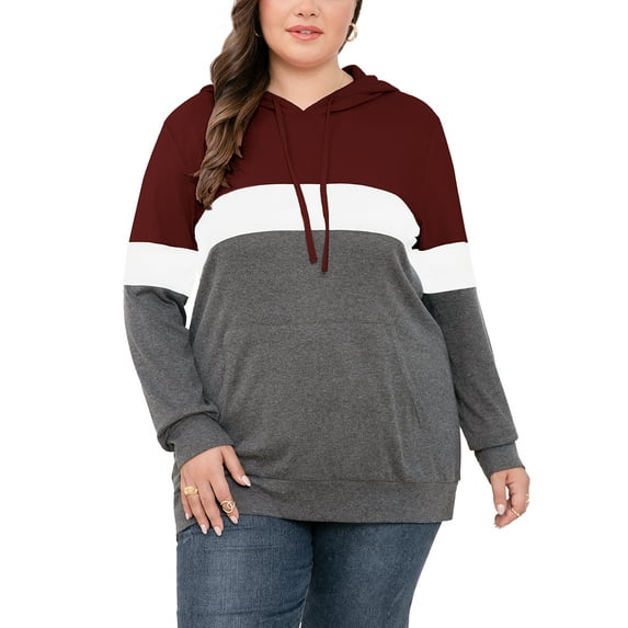 JuneFish Women's Plus Size Long Sleeve Sweatshirts Color Block Hoodies Pullover with Pocket