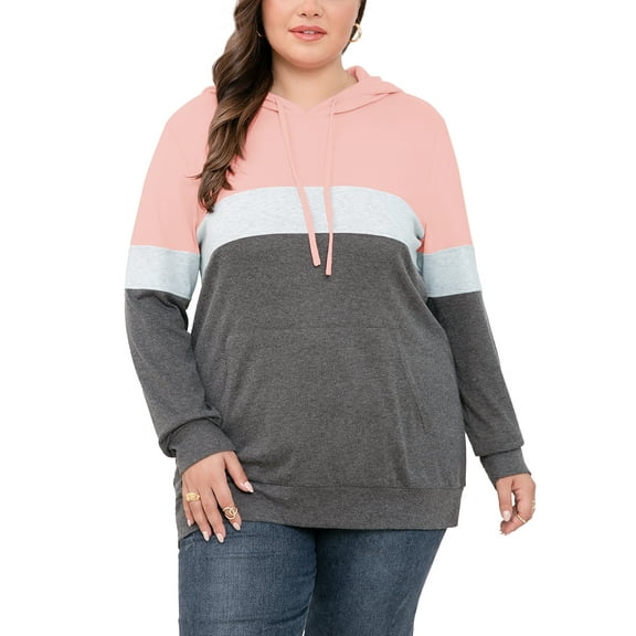 JuneFish Women's Plus Size Long Sleeve Sweatshirts Color Block Hoodies Pullover with Pocket